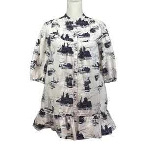 Jack Wills Nautical Toile Print Button Front Ruffle Mini Dress White Blue US 4